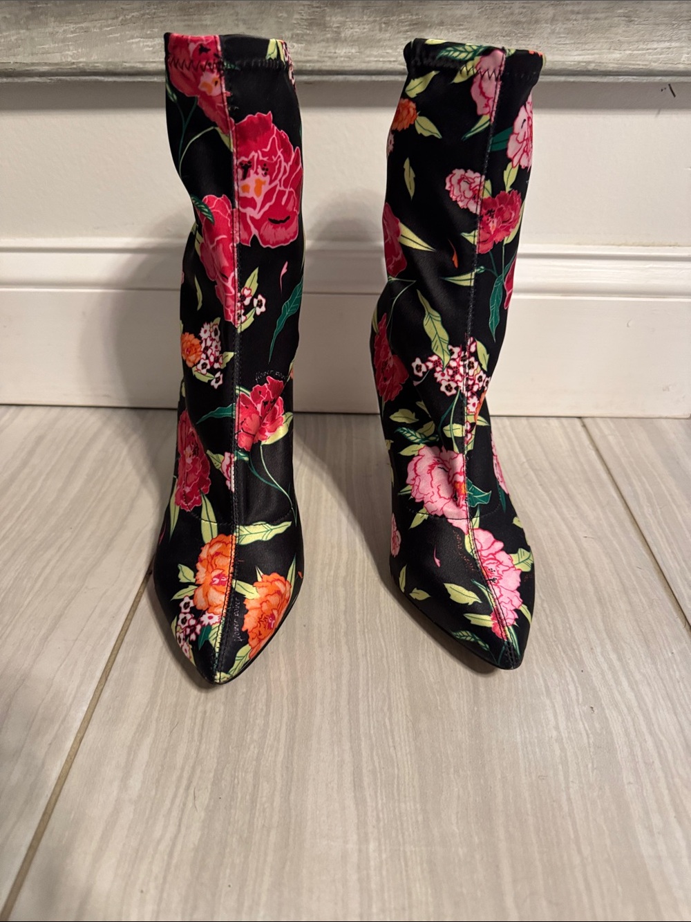Aldo Black Floral Pointed-Toe Mid-Calf Heeled Boots